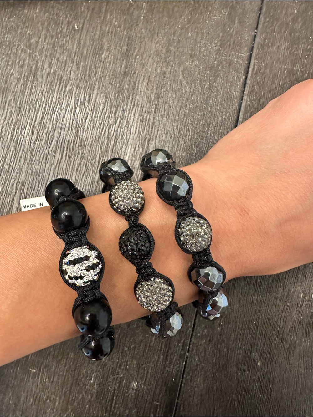 Black Beaded Macramé Bracelet with Crystal Pave Accents